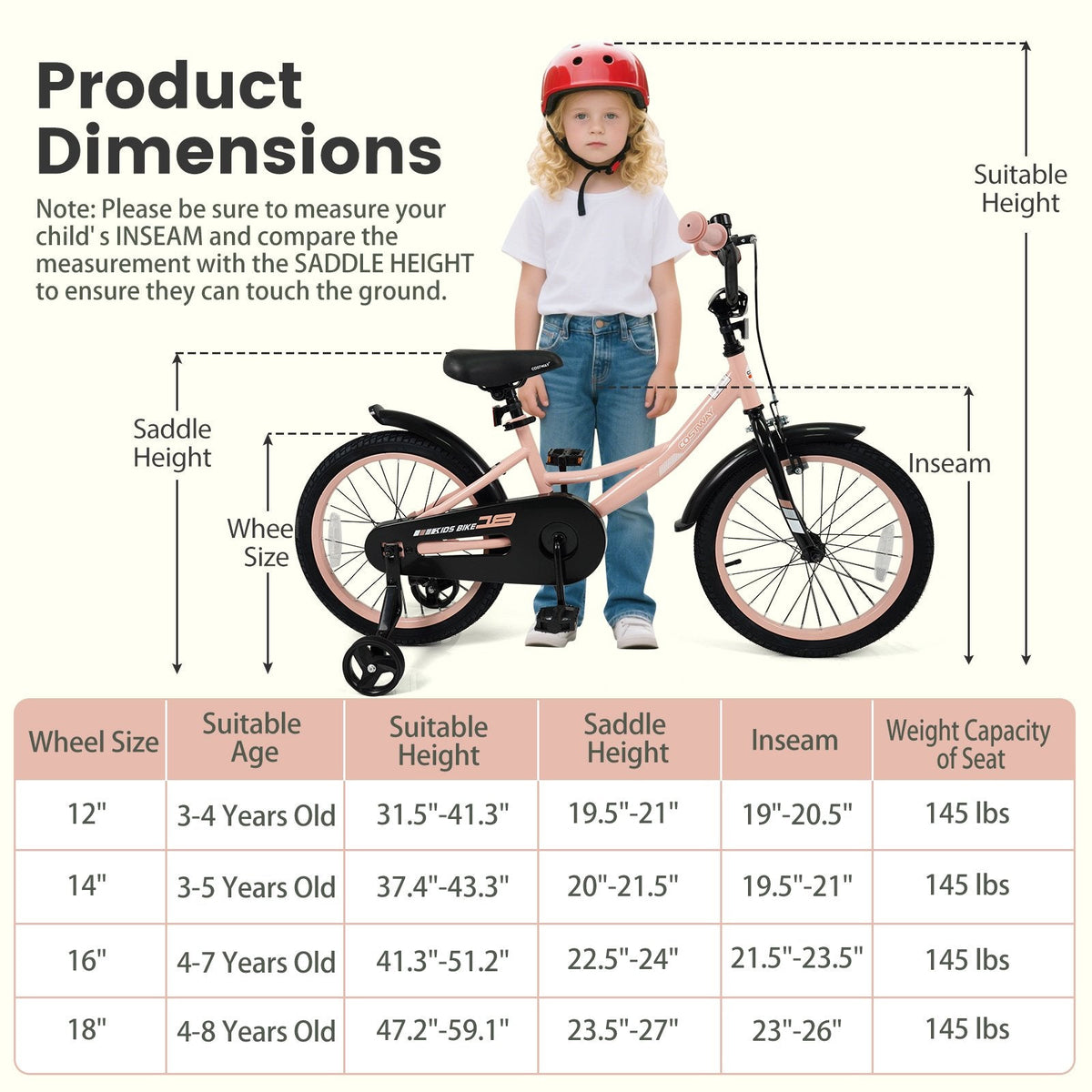 18 Inch Kids Bike with Removable Training Wheels and Adjustable Seat, Pink