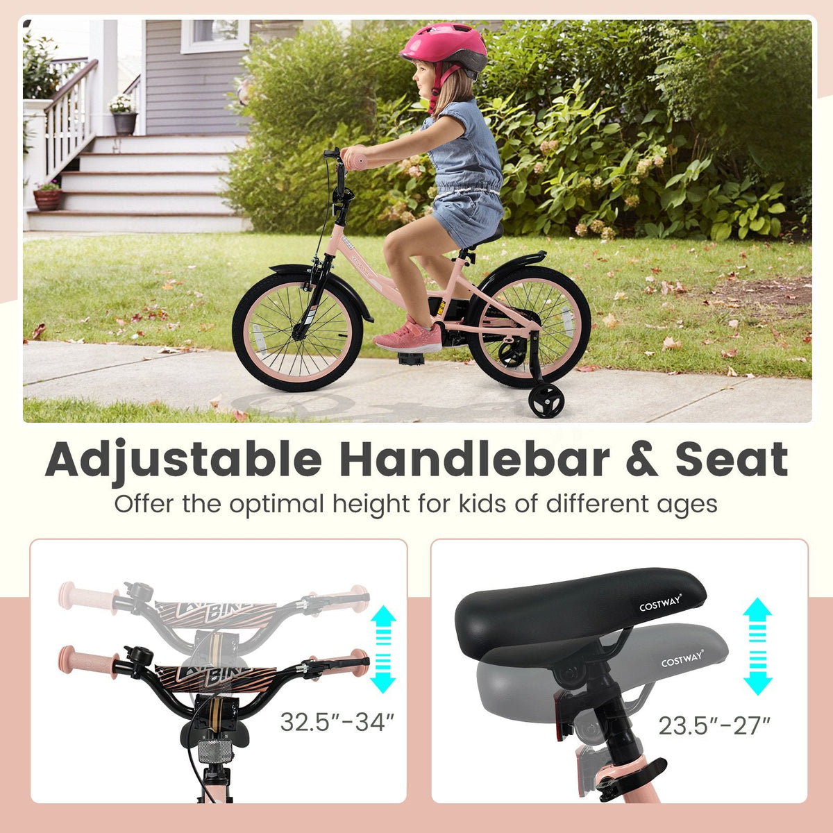 18 Inch Kids Bike with Removable Training Wheels and Adjustable Seat, Pink