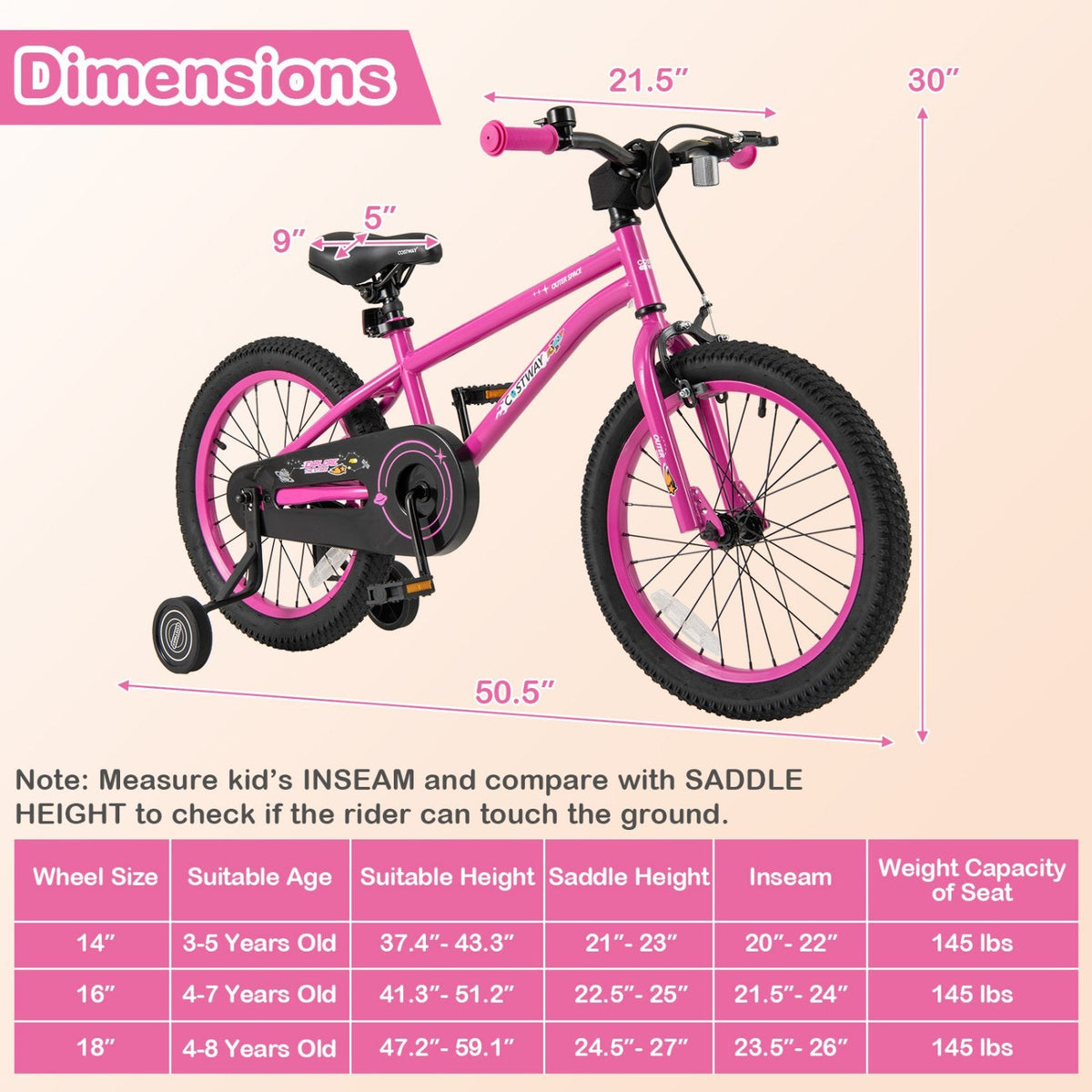 18 Inch Kids Bike with Removable Training Wheels, Kickstand and Reflectors, Pink