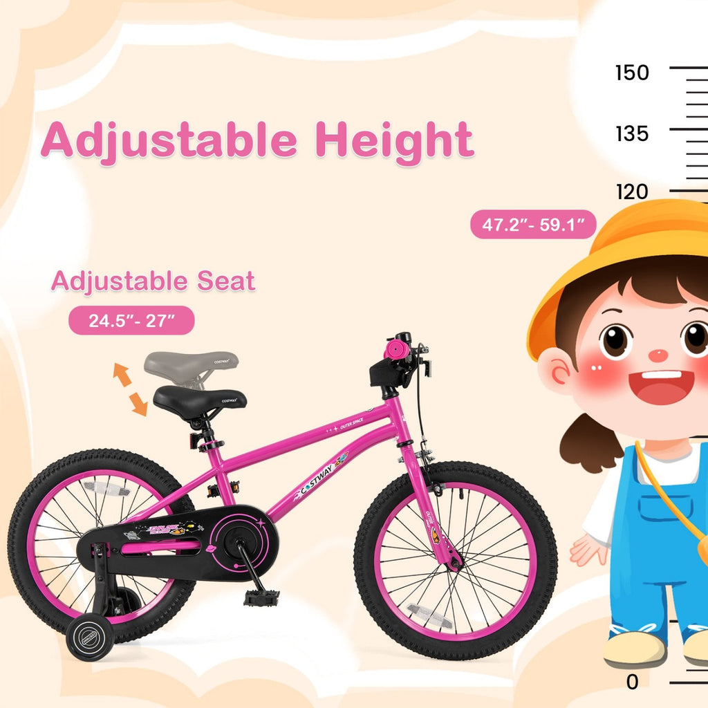 18 Inch Kids Bike with Removable Training Wheels, Kickstand and Reflectors, Pink