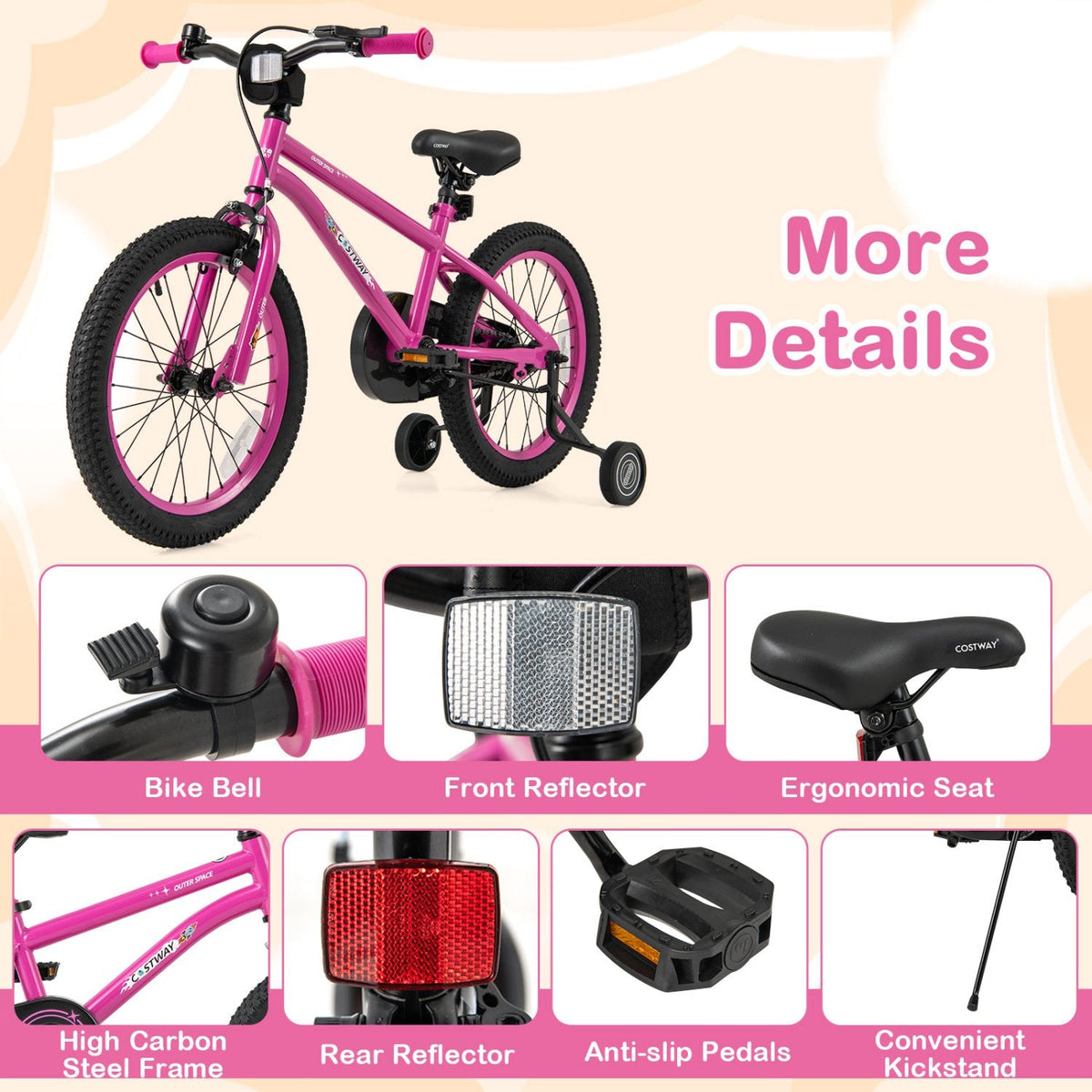 18 Inch Kids Bike with Removable Training Wheels, Kickstand and Reflectors, Pink
