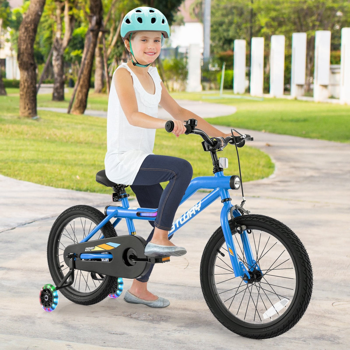18 Inch LED Lighted Kids Bike with Headlight and Training Wheels, Blue