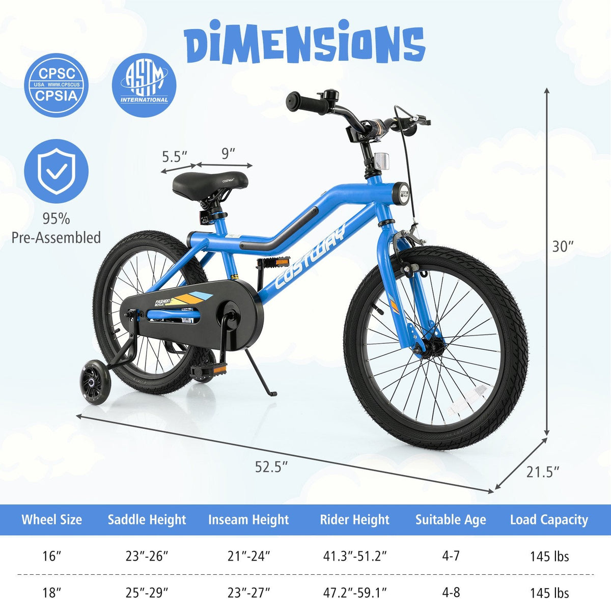 18 Inch LED Lighted Kids Bike with Headlight and Training Wheels, Blue