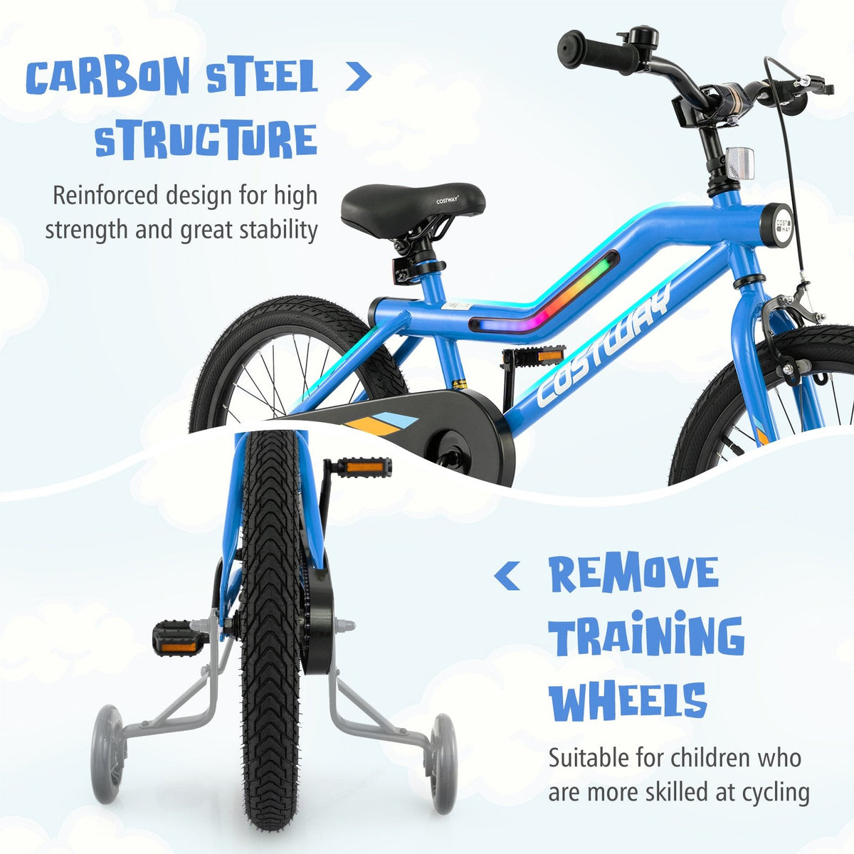 18 Inch LED Lighted Kids Bike with Headlight and Training Wheels, Blue