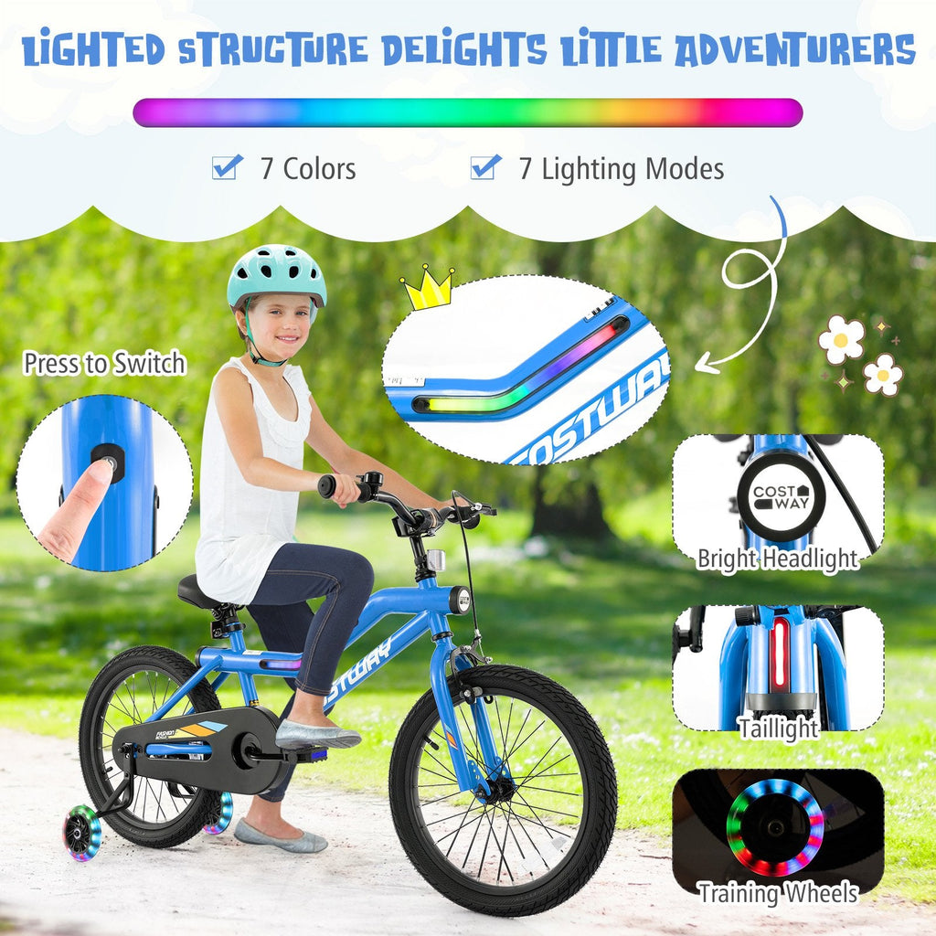 18 Inch LED Lighted Kids Bike with Headlight and Training Wheels, Blue