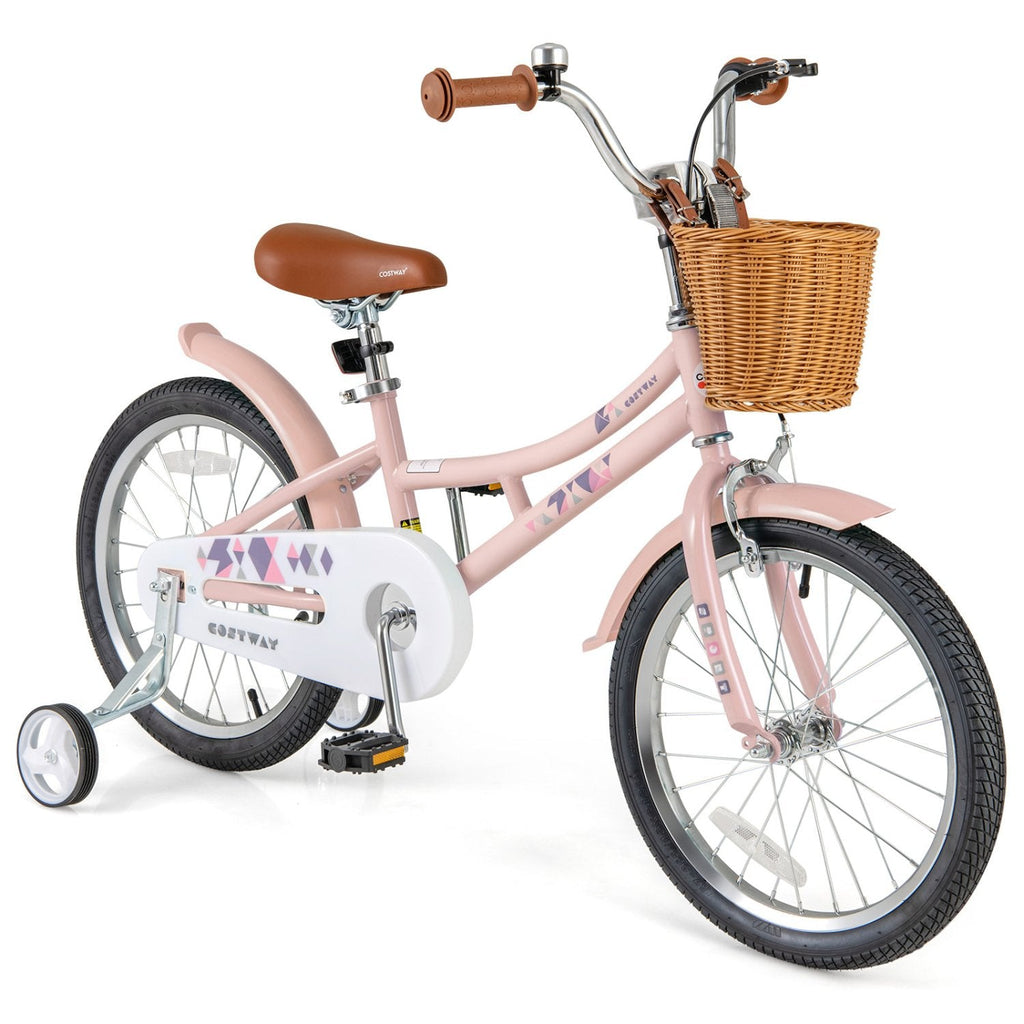 18 Inch Retro Kids Bike with Wicker Basket, Kickstand and Training Wheels, Pink