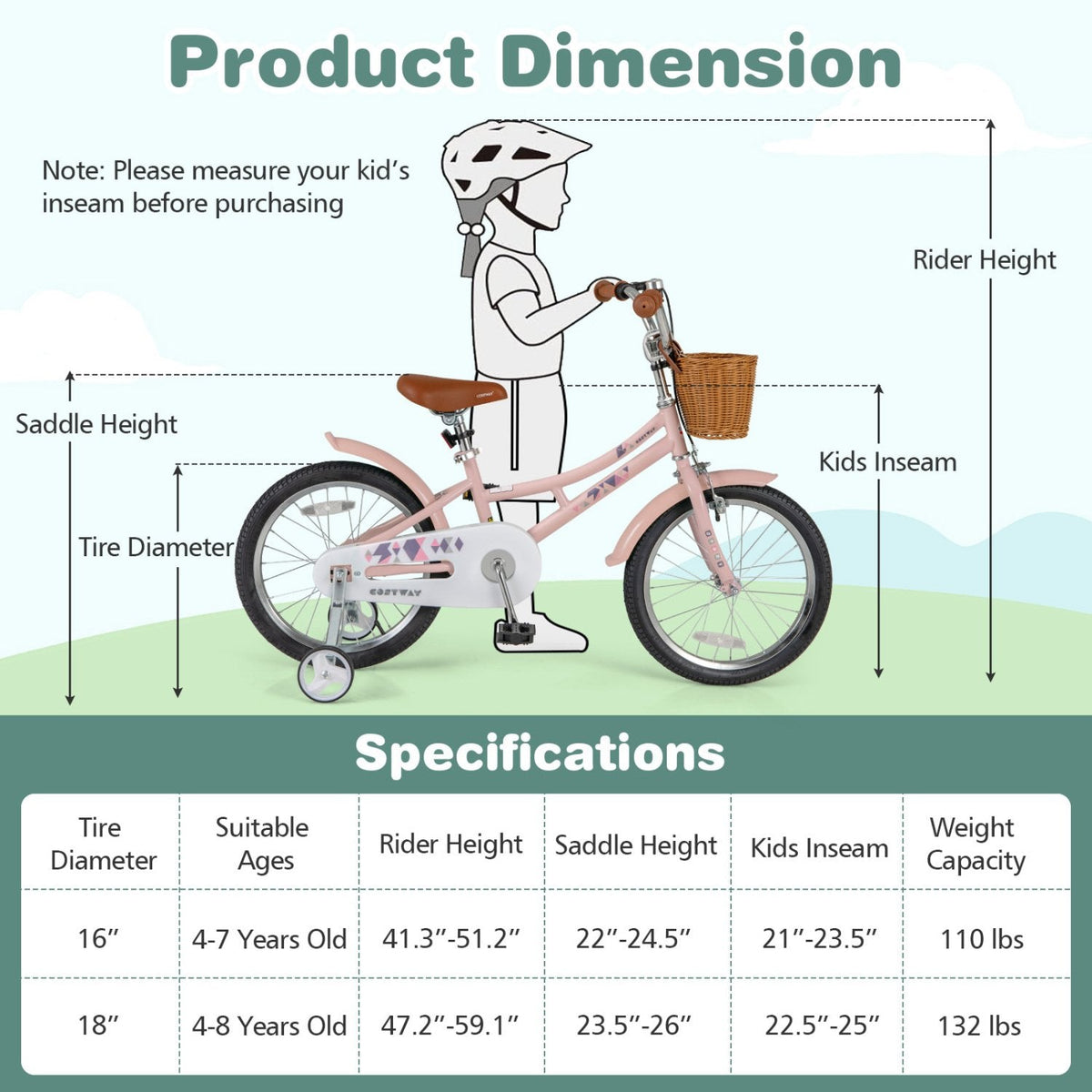 18 Inch Retro Kids Bike with Wicker Basket, Kickstand and Training Wheels, Pink