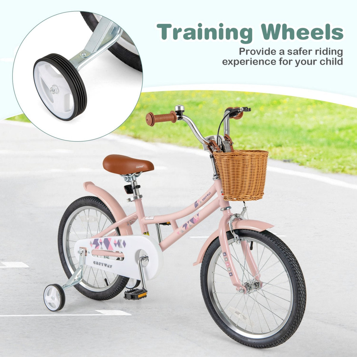 18 Inch Retro Kids Bike with Wicker Basket, Kickstand and Training Wheels, Pink