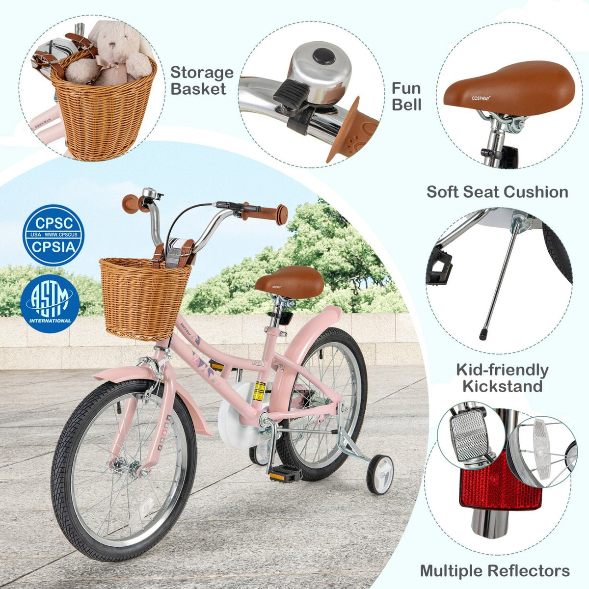 18 Inch Retro Kids Bike with Wicker Basket, Kickstand and Training Wheels, Pink