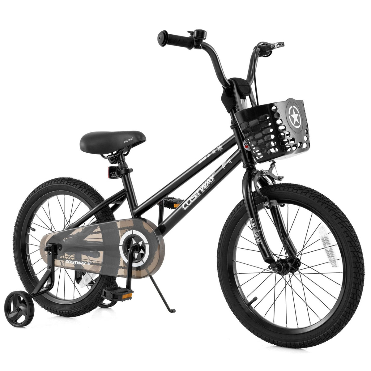 18 Inch Kids Bike with Basket, Kickstand and Detachable Training Wheels, Black