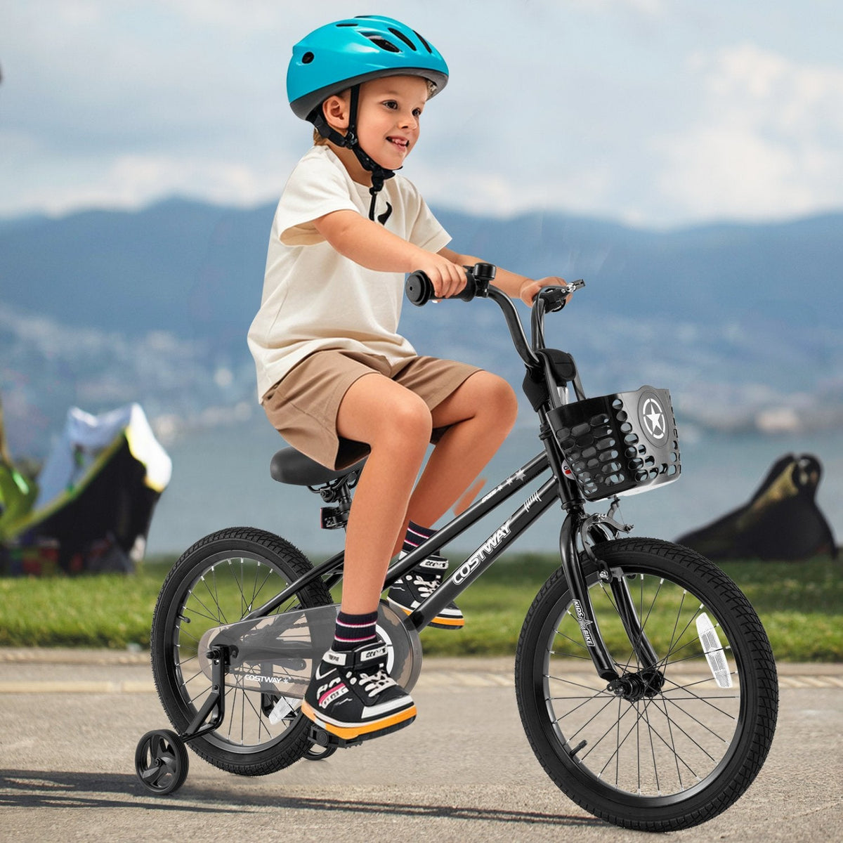 18 Inch Kids Bike with Basket, Kickstand and Detachable Training Wheels, Black