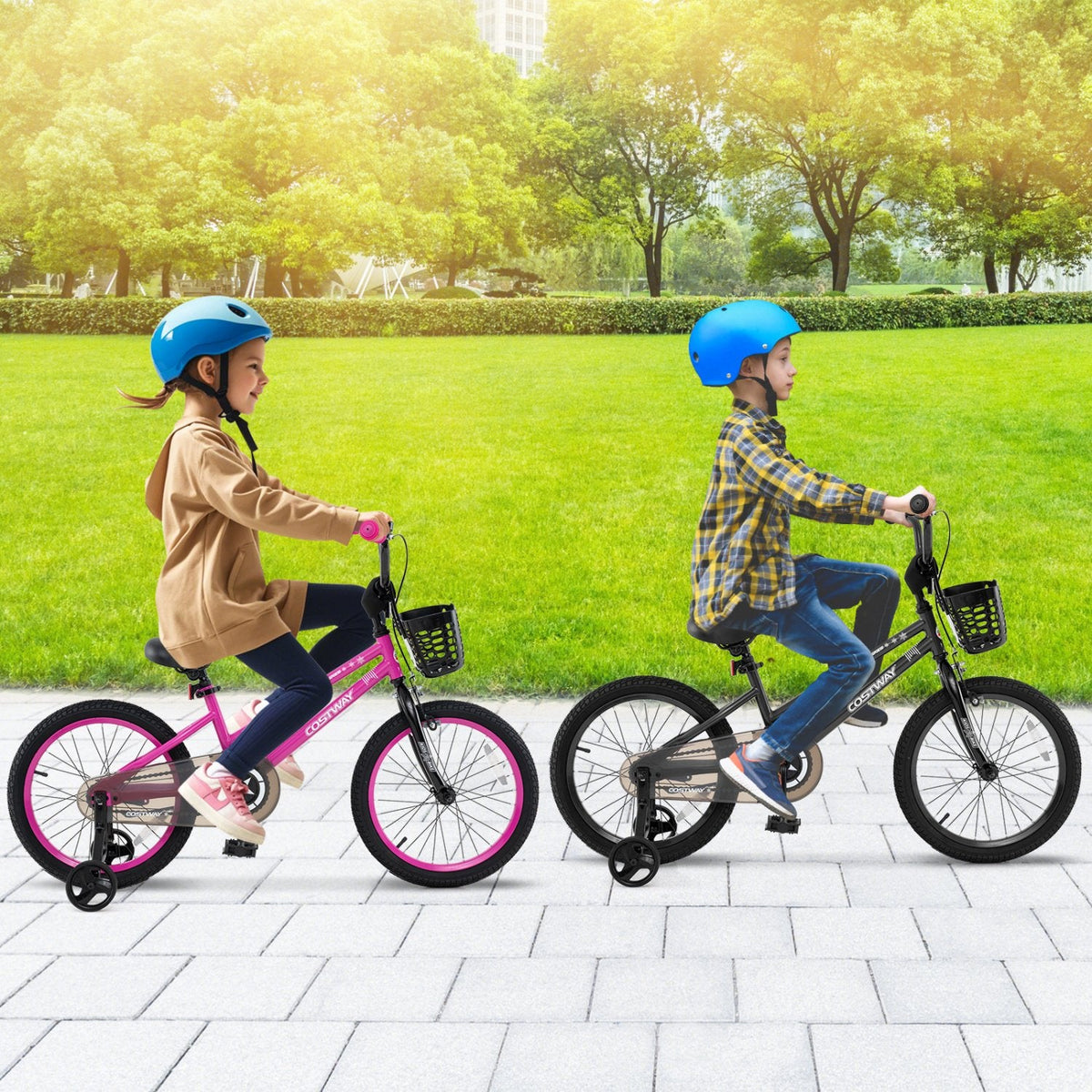 18 Inch Kids Bike with Basket, Kickstand and Detachable Training Wheels, Black