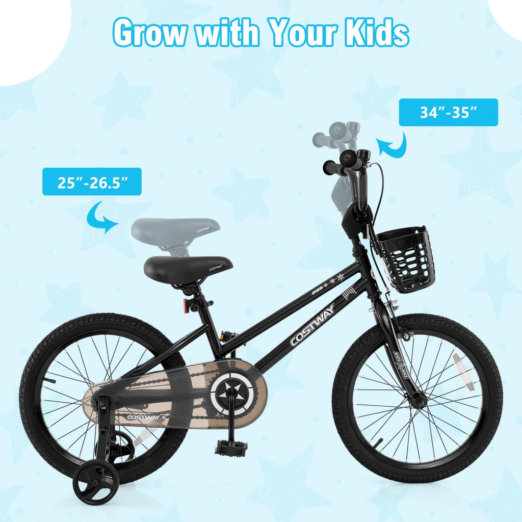 18 Inch Kids Bike with Basket, Kickstand and Detachable Training Wheels, Black