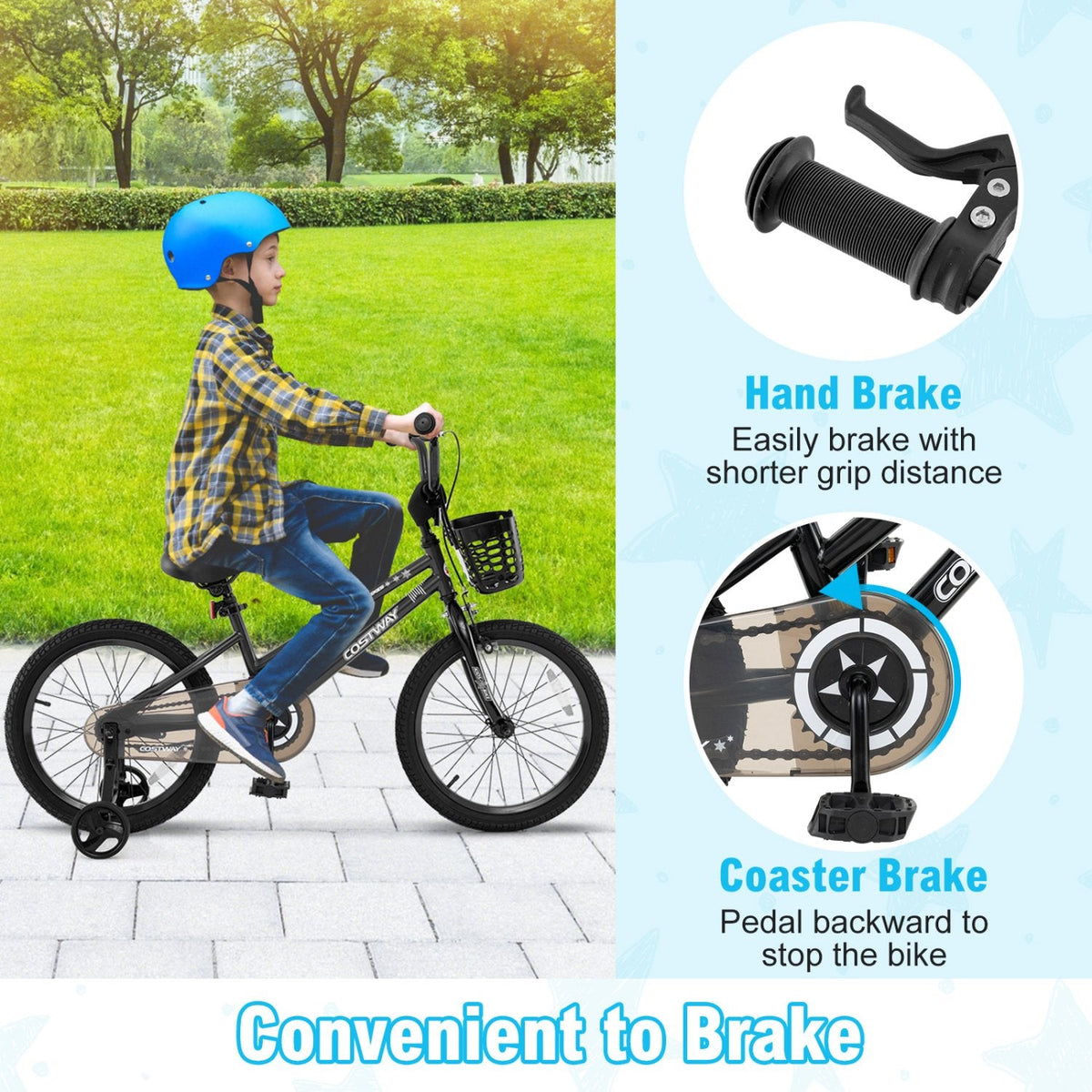 18 Inch Kids Bike with Basket, Kickstand and Detachable Training Wheels, Black