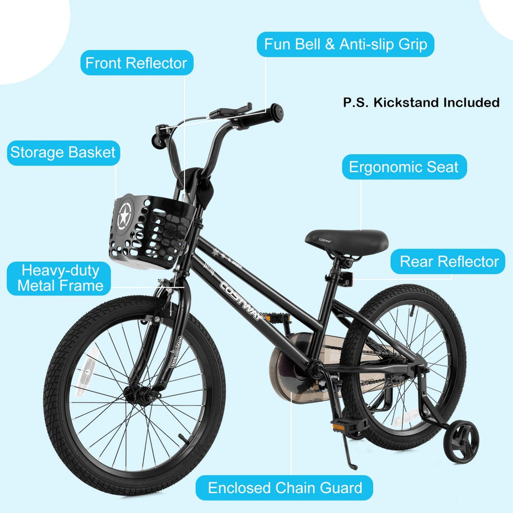 18 Inch Kids Bike with Basket, Kickstand and Detachable Training Wheels, Black