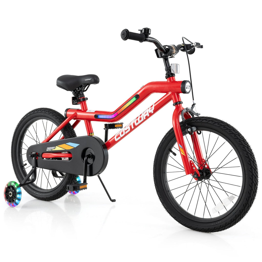 18 Inch LED Lighted Kids Bike with Headlight and Training Wheels, Red