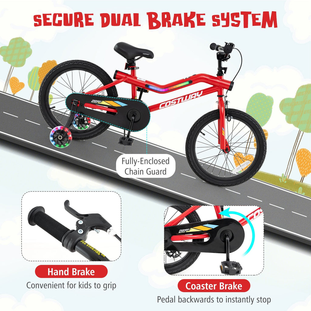 18 Inch LED Lighted Kids Bike with Headlight and Training Wheels, Red