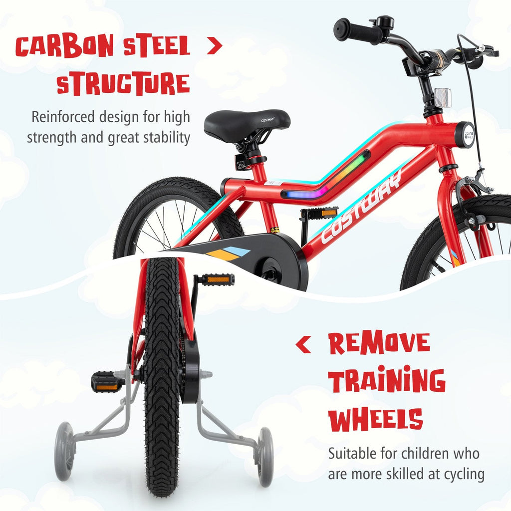 18 Inch LED Lighted Kids Bike with Headlight and Training Wheels, Red