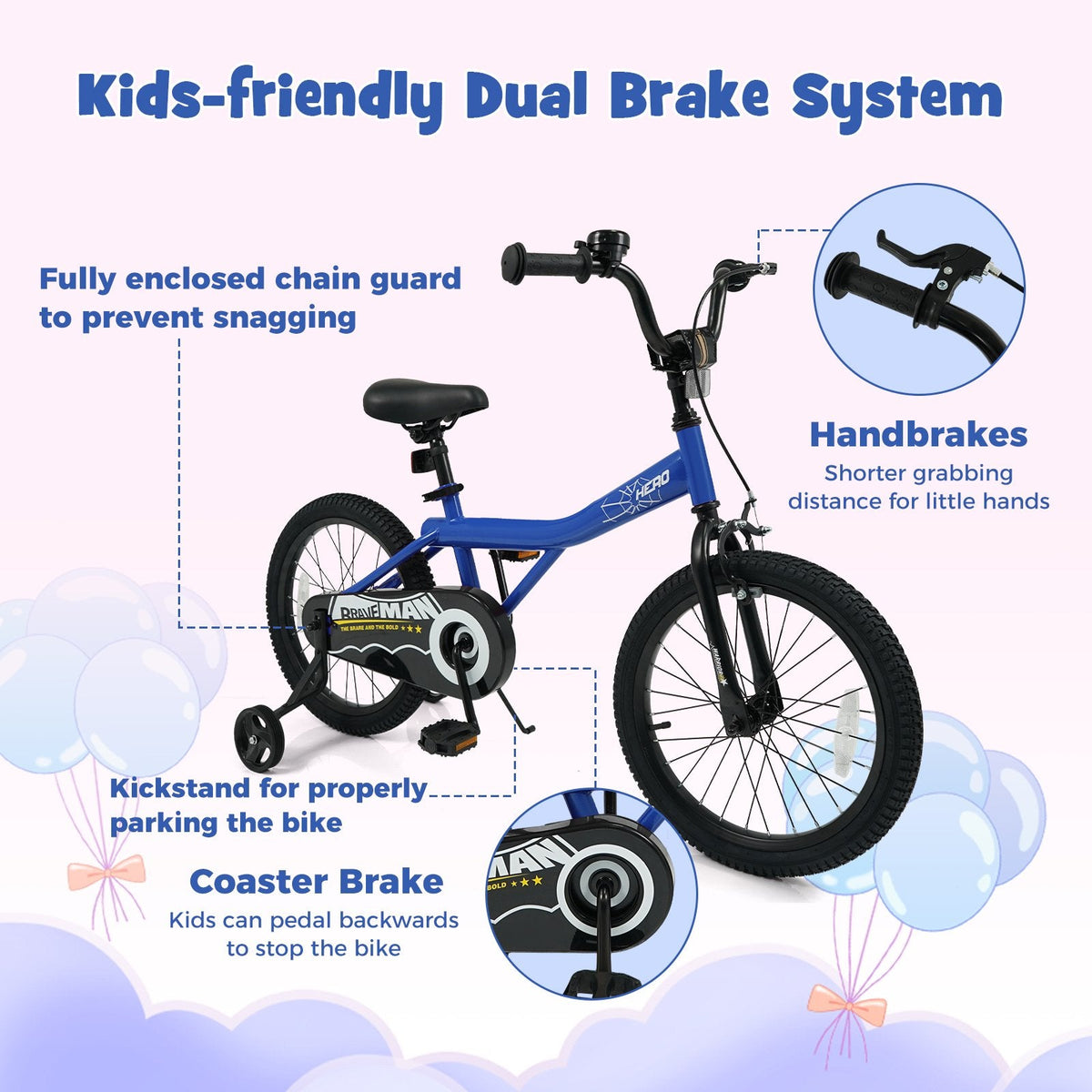 18 Inch Kids Bike with Kickstand and Removable Training Wheels, Navy