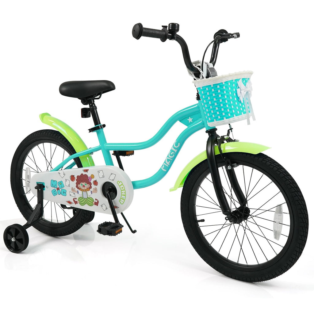 18 Inch Kids Bike with Training Wheels, Basket and Kickstand, Green
