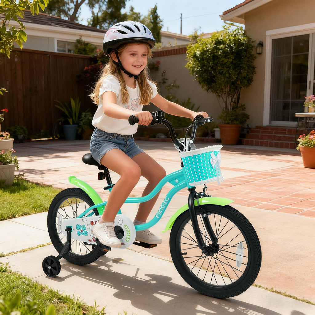 18 Inch Kids Bike with Training Wheels, Basket and Kickstand, Green