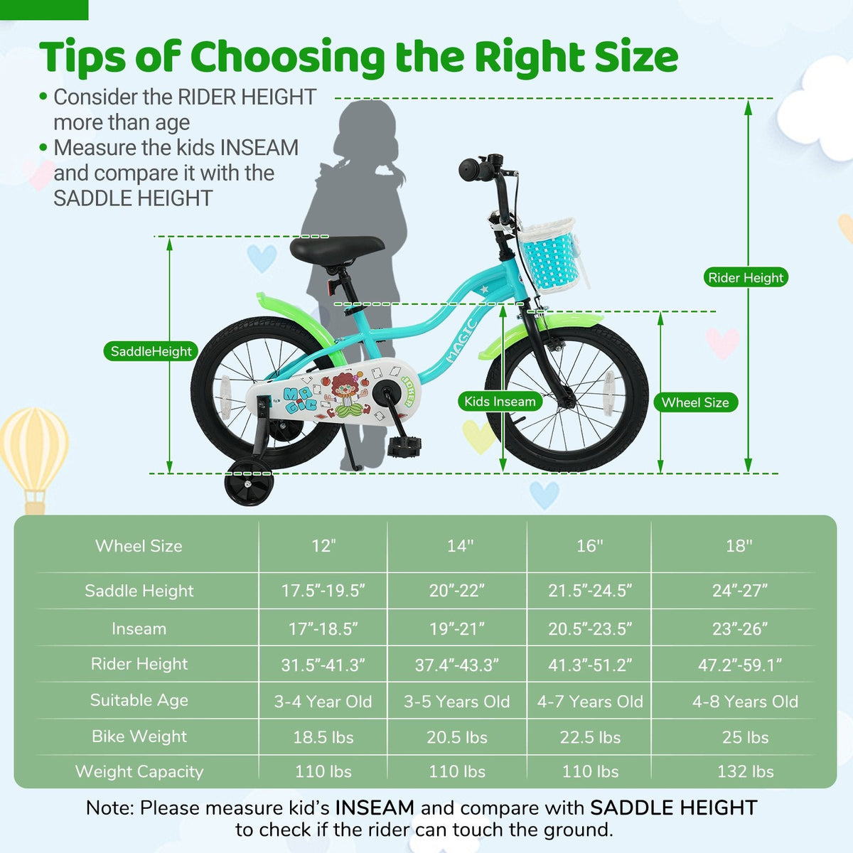 18 Inch Kids Bike with Training Wheels, Basket and Kickstand, Green