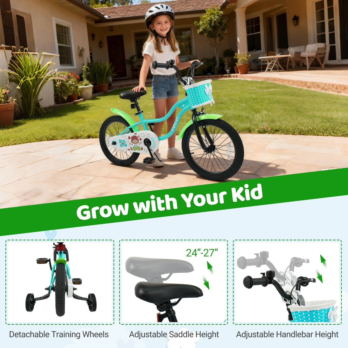 18 Inch Kids Bike with Training Wheels, Basket and Kickstand, Green