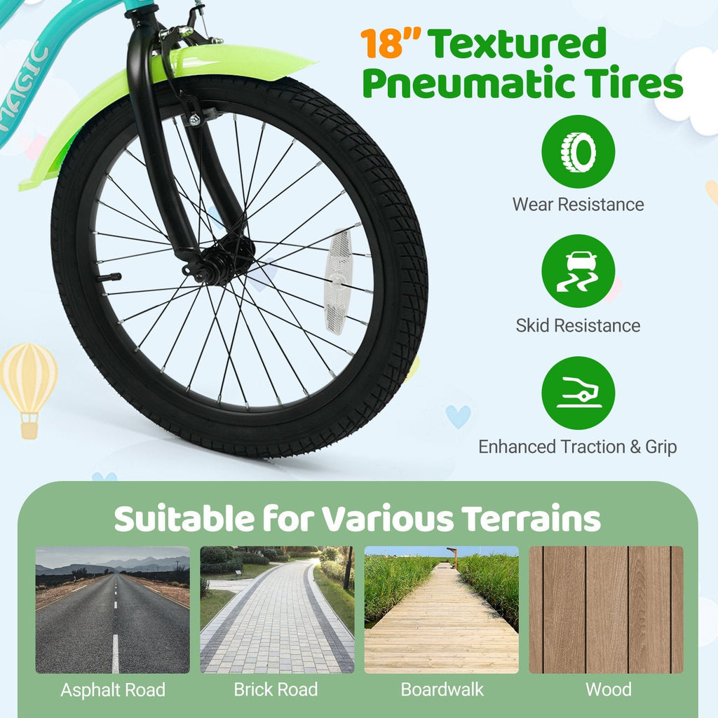 18 Inch Kids Bike with Training Wheels, Basket and Kickstand, Green
