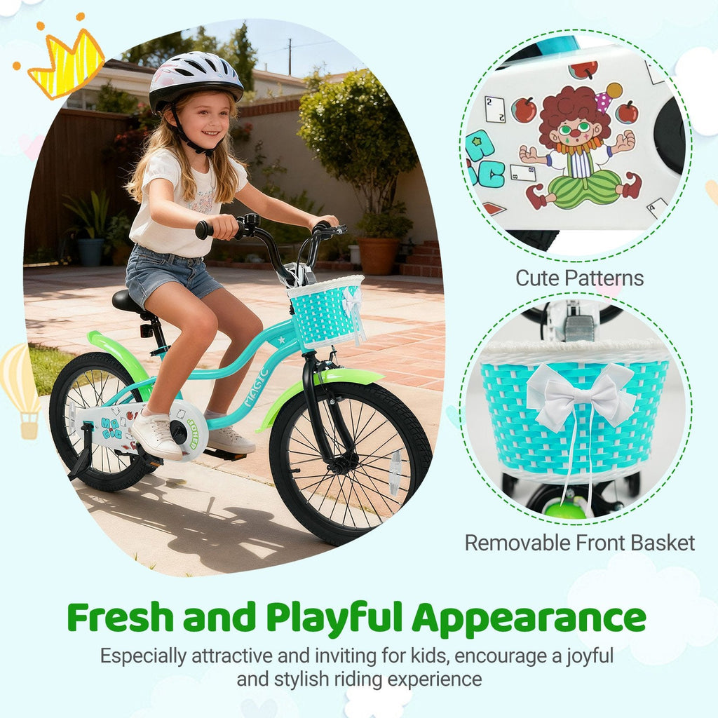 18 Inch Kids Bike with Training Wheels, Basket and Kickstand, Green