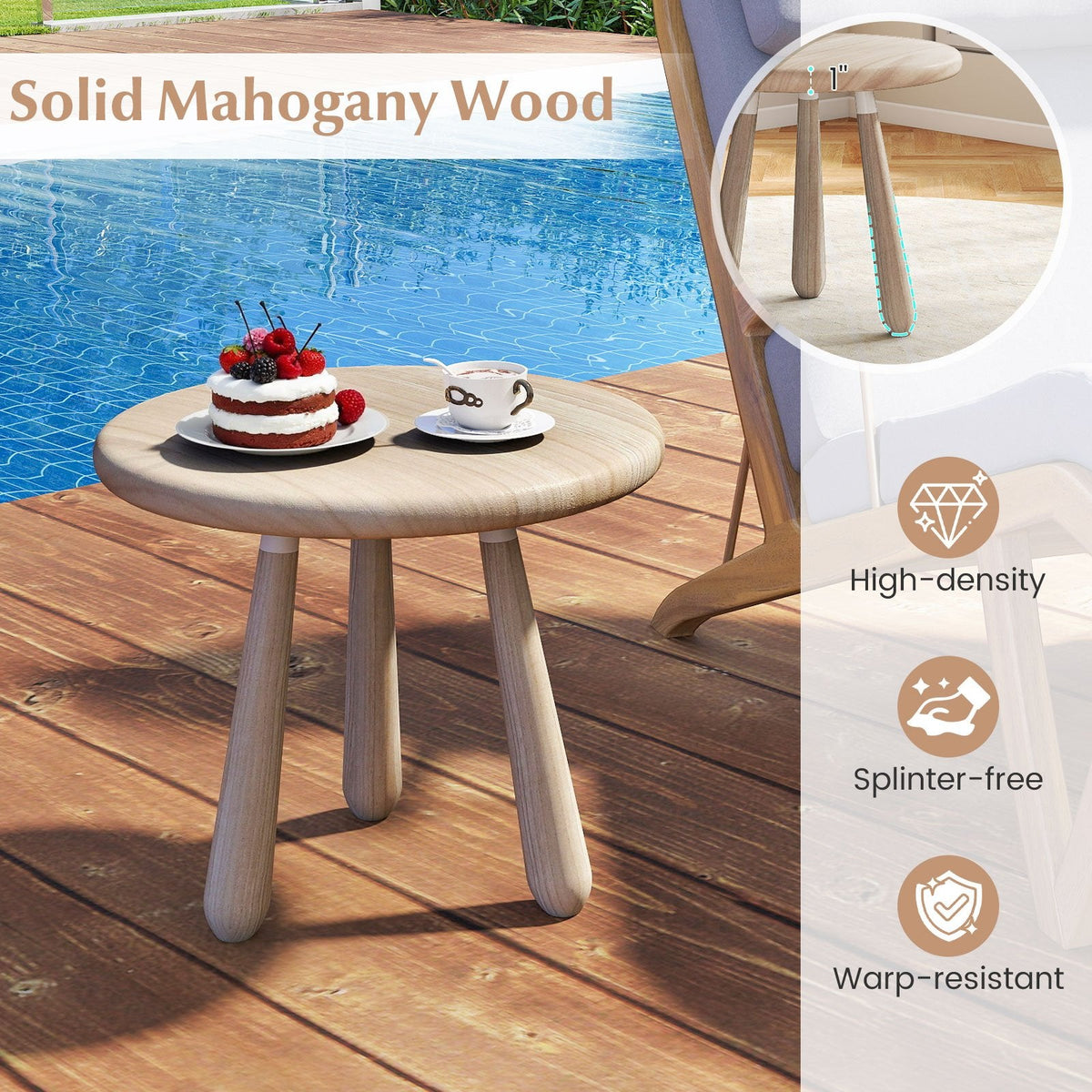 18 Inch Outdoor Mahogany Wood Side Table with Thickened Board