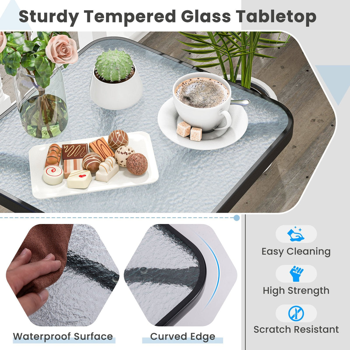 Tempered Glass Top Patio Table with Heavy-duty Metal Frame for Garden Poolside-Black