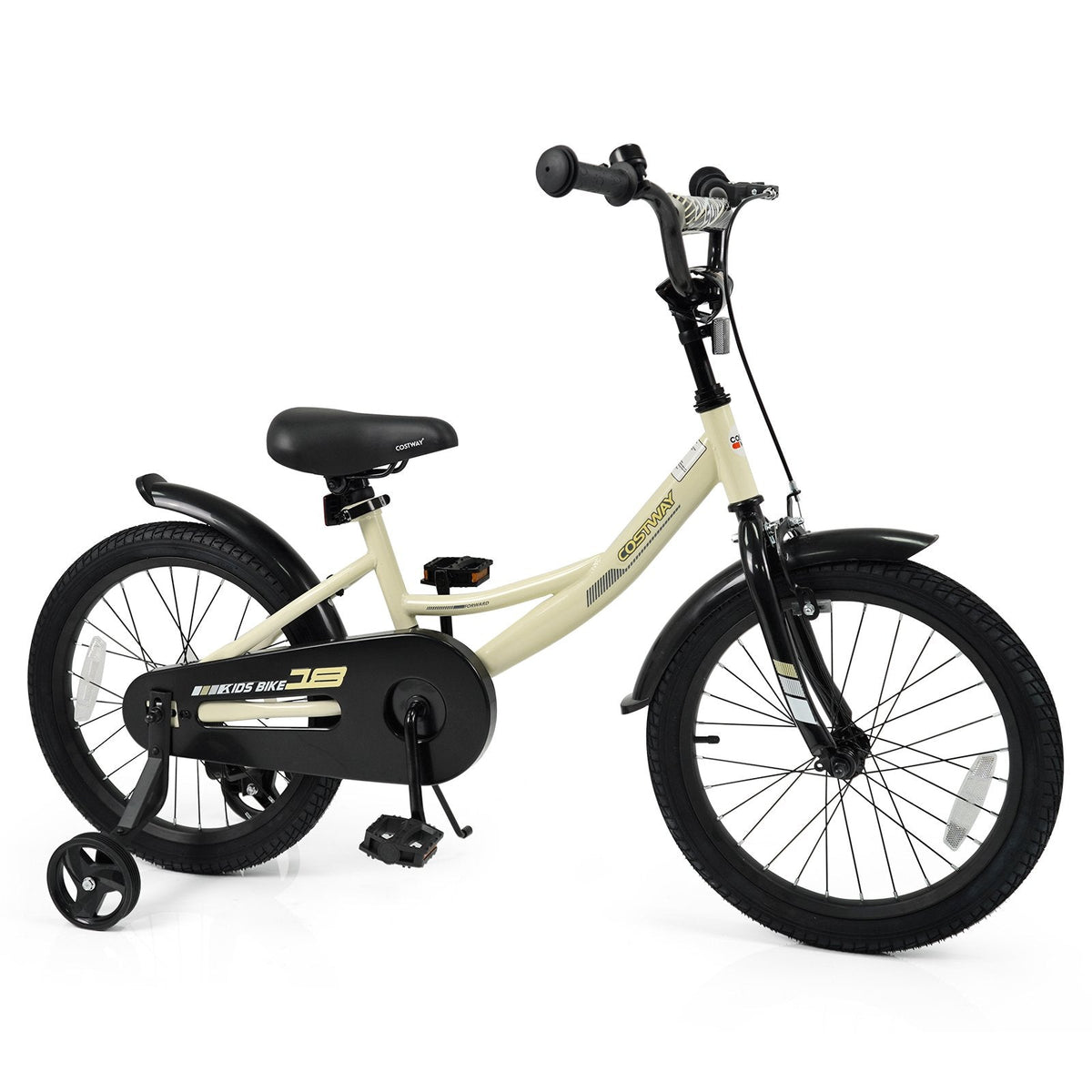 18 Inch Kids Sport Bike with Kickstand, Reflectors and Training Wheels, Cream