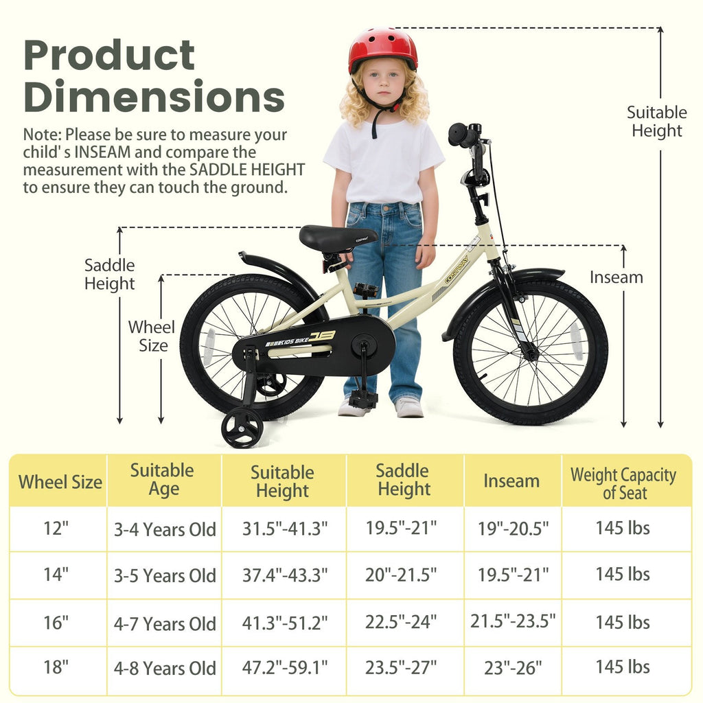 18 Inch Kids Sport Bike with Kickstand, Reflectors and Training Wheels, Cream