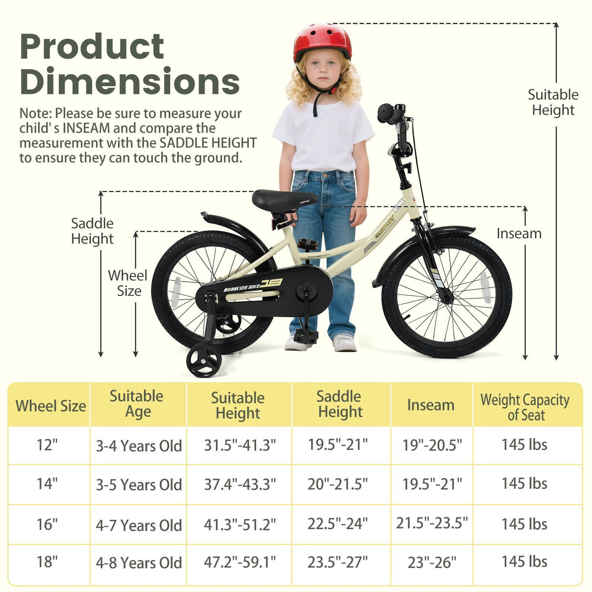 18 Inch Kids Sport Bike with Kickstand, Reflectors and Training Wheels, Cream