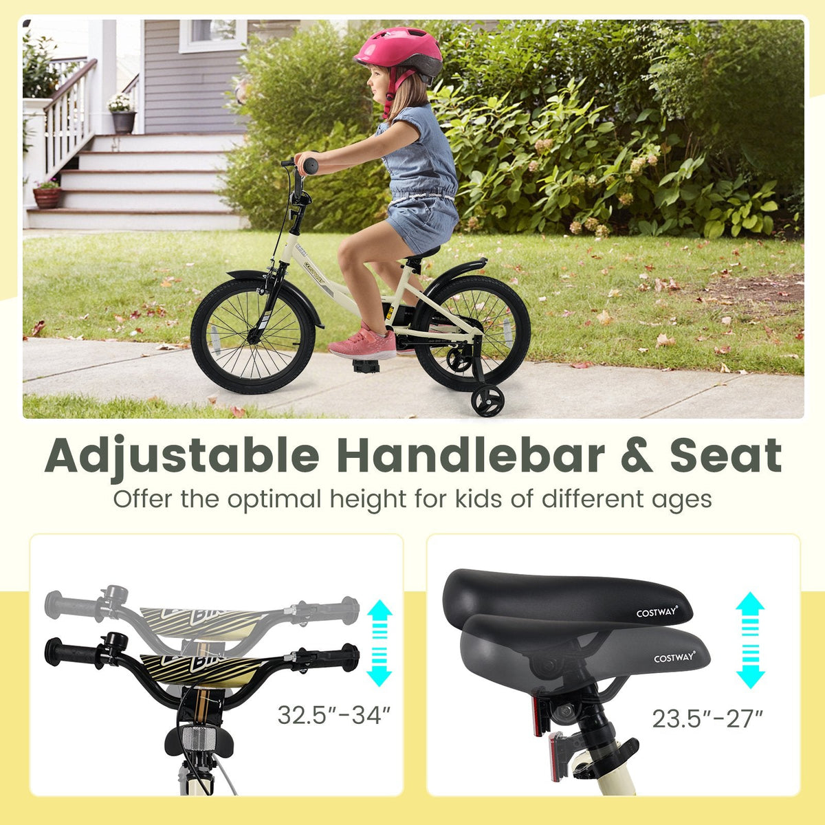 18 Inch Kids Sport Bike with Kickstand, Reflectors and Training Wheels, Cream