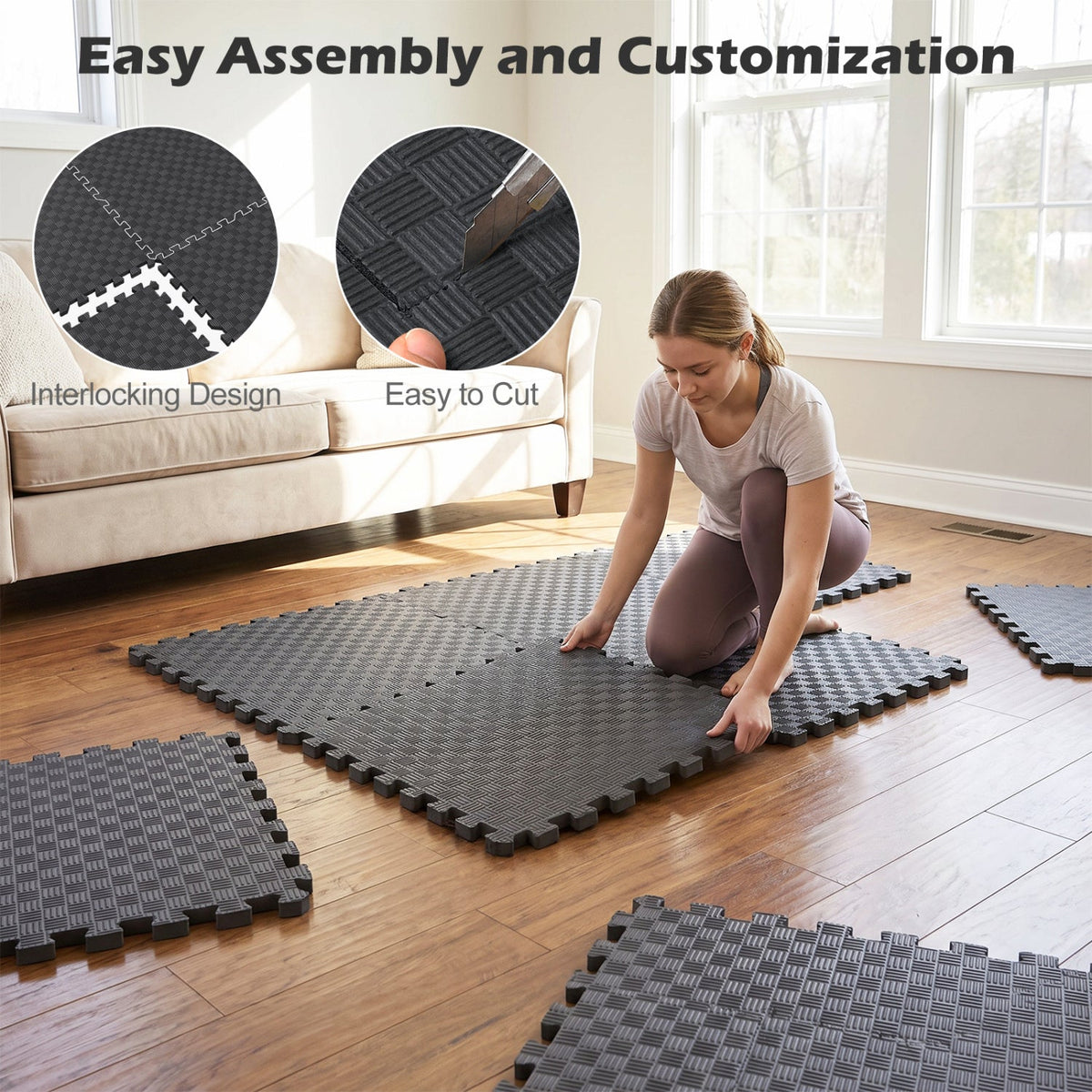 18 PCS Puzzle Exercise Mat EVA Foam Interlocking Floor Tiles-Black