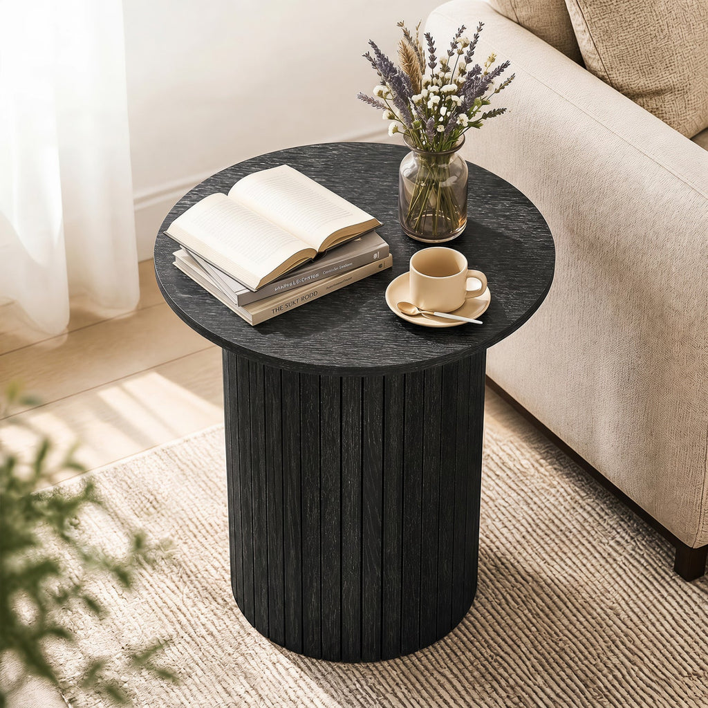 18 inches Round Fluted Side Table with Pedestal Drum Design and Non-Slip Foot Pads for Small Spaces-Black