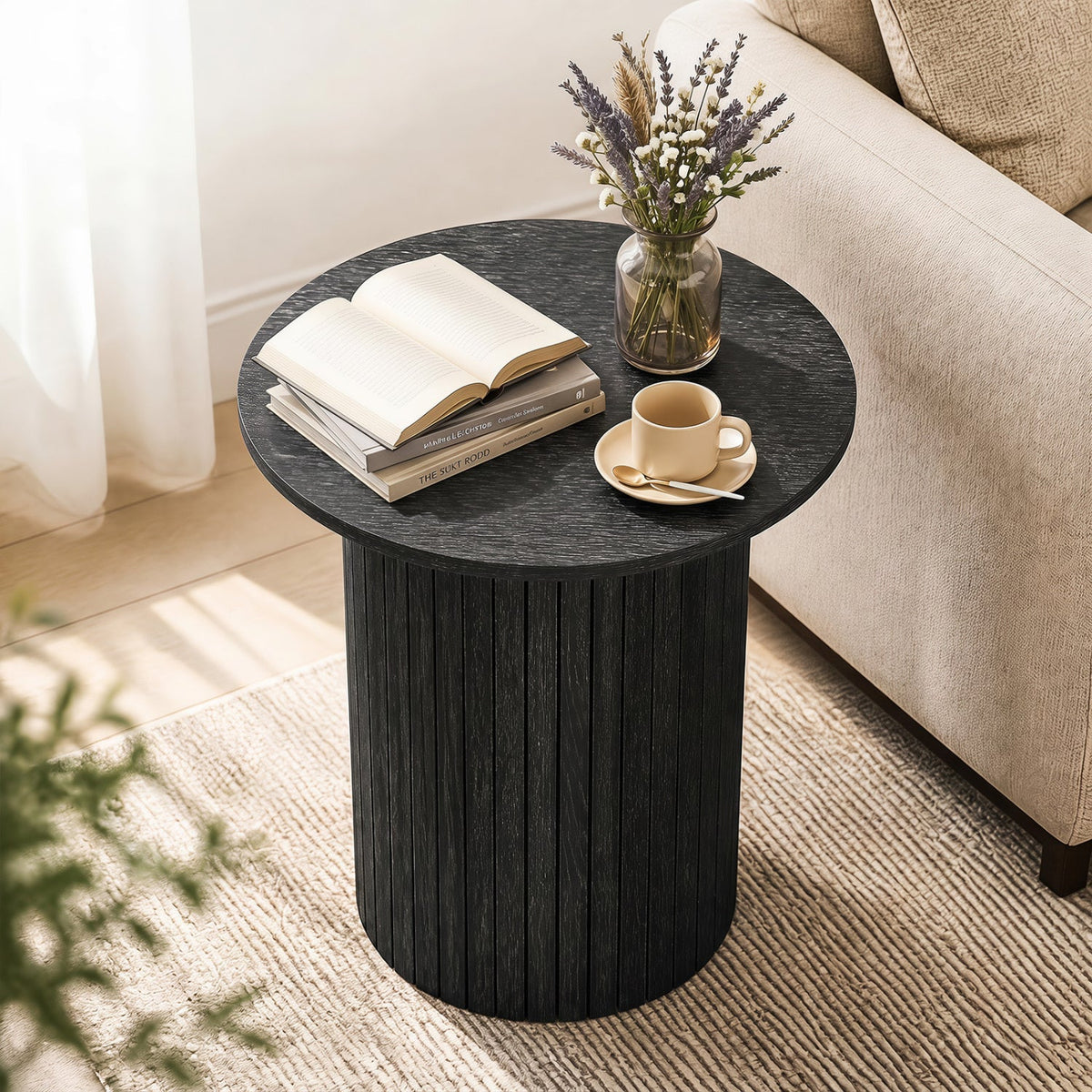 18 inches Round Fluted Side Table with Pedestal Drum Design and Non-Slip Foot Pads for Small Spaces-Black