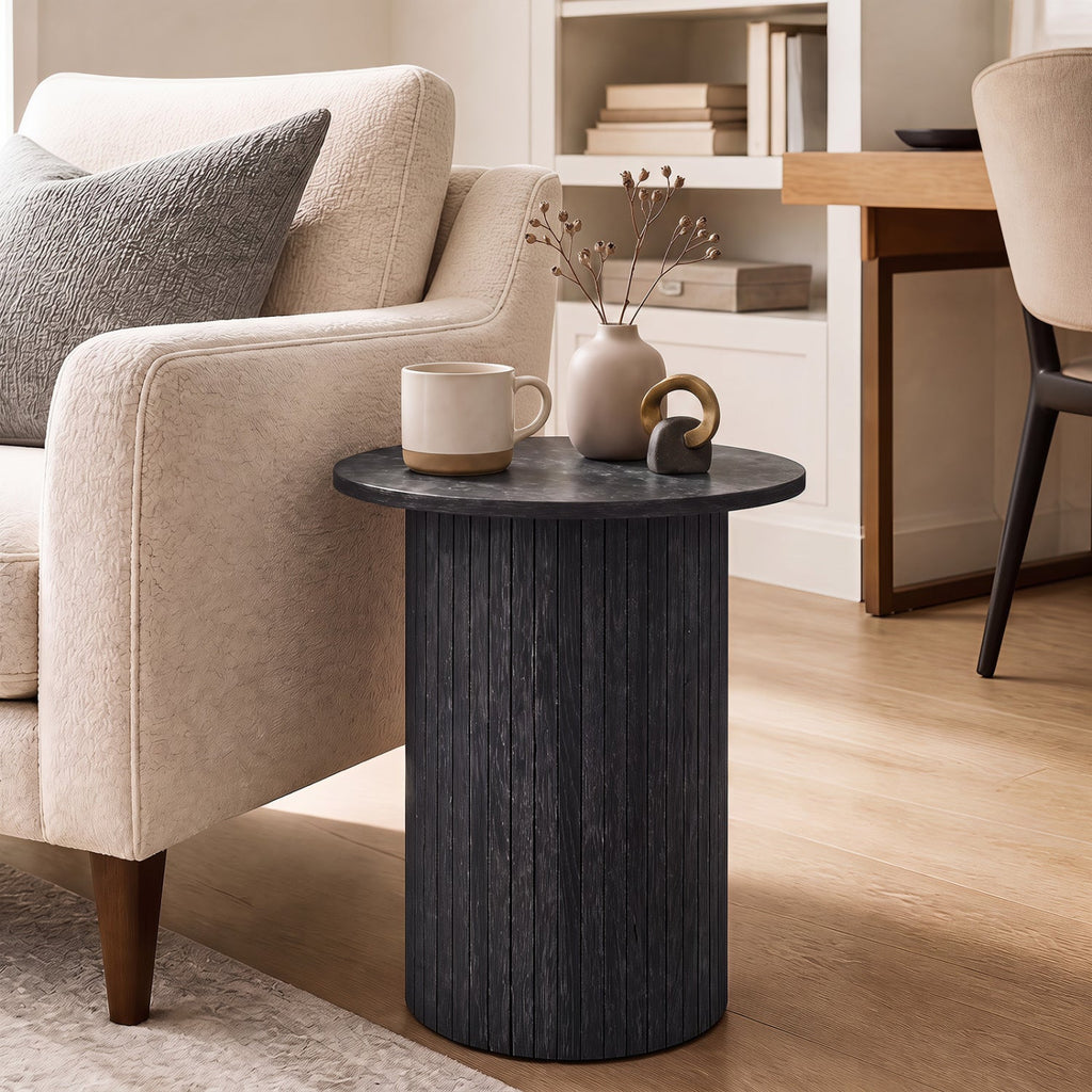 18 inches Round Fluted Side Table with Pedestal Drum Design and Non-Slip Foot Pads for Small Spaces-Black