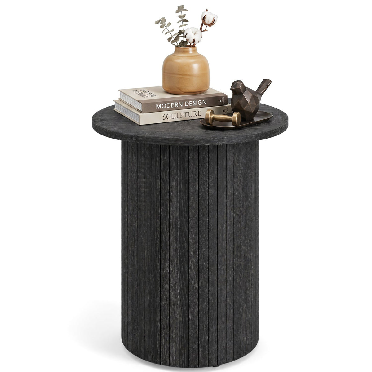18 inches Round Fluted Side Table with Pedestal Drum Design and Non-Slip Foot Pads for Small Spaces-Black