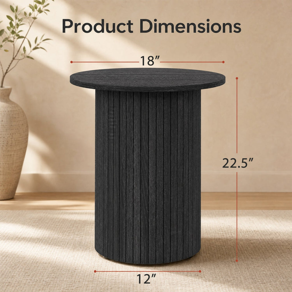 18 inches Round Fluted Side Table with Pedestal Drum Design and Non-Slip Foot Pads for Small Spaces-Black