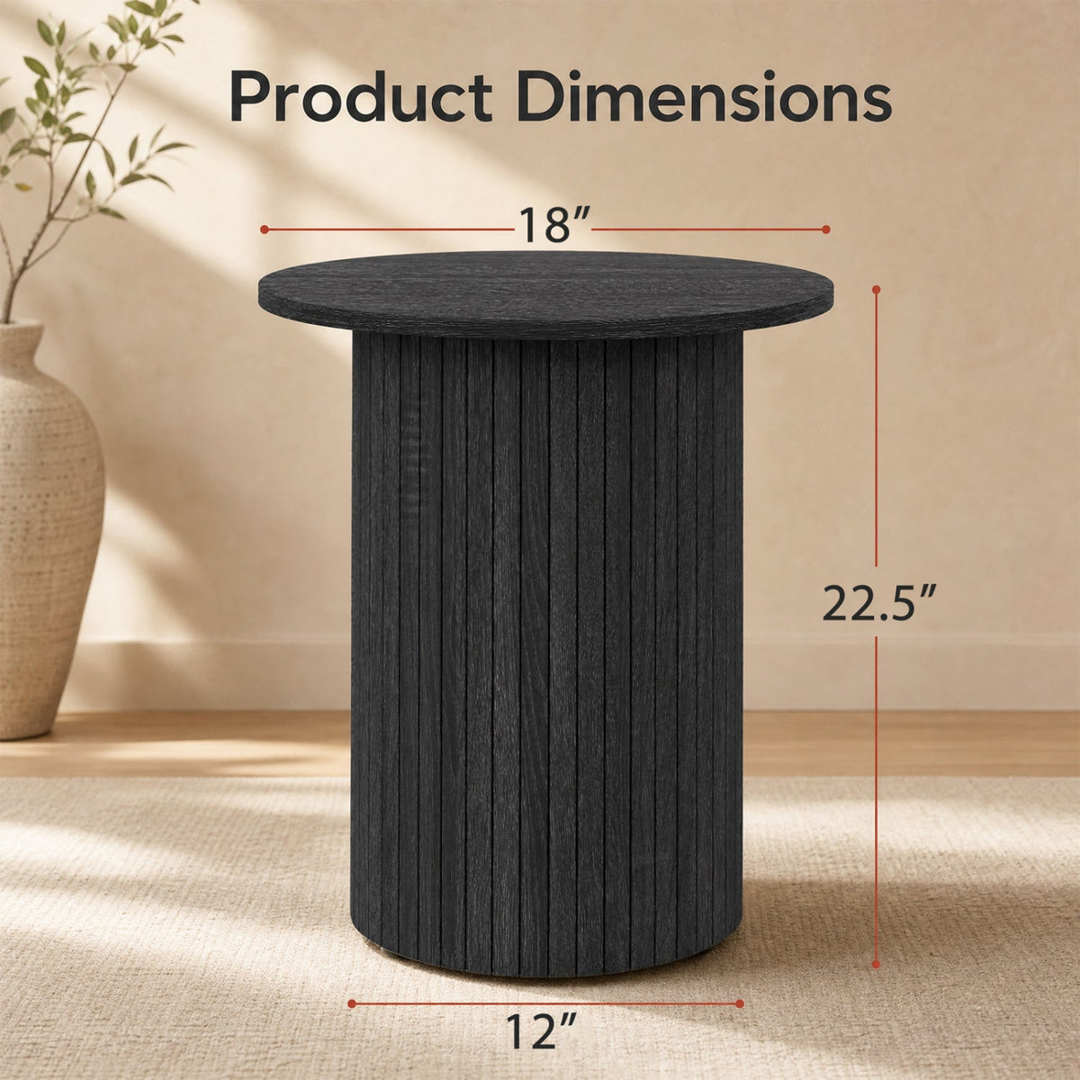18 inches Round Fluted Side Table with Pedestal Drum Design and Non-Slip Foot Pads for Small Spaces-Black