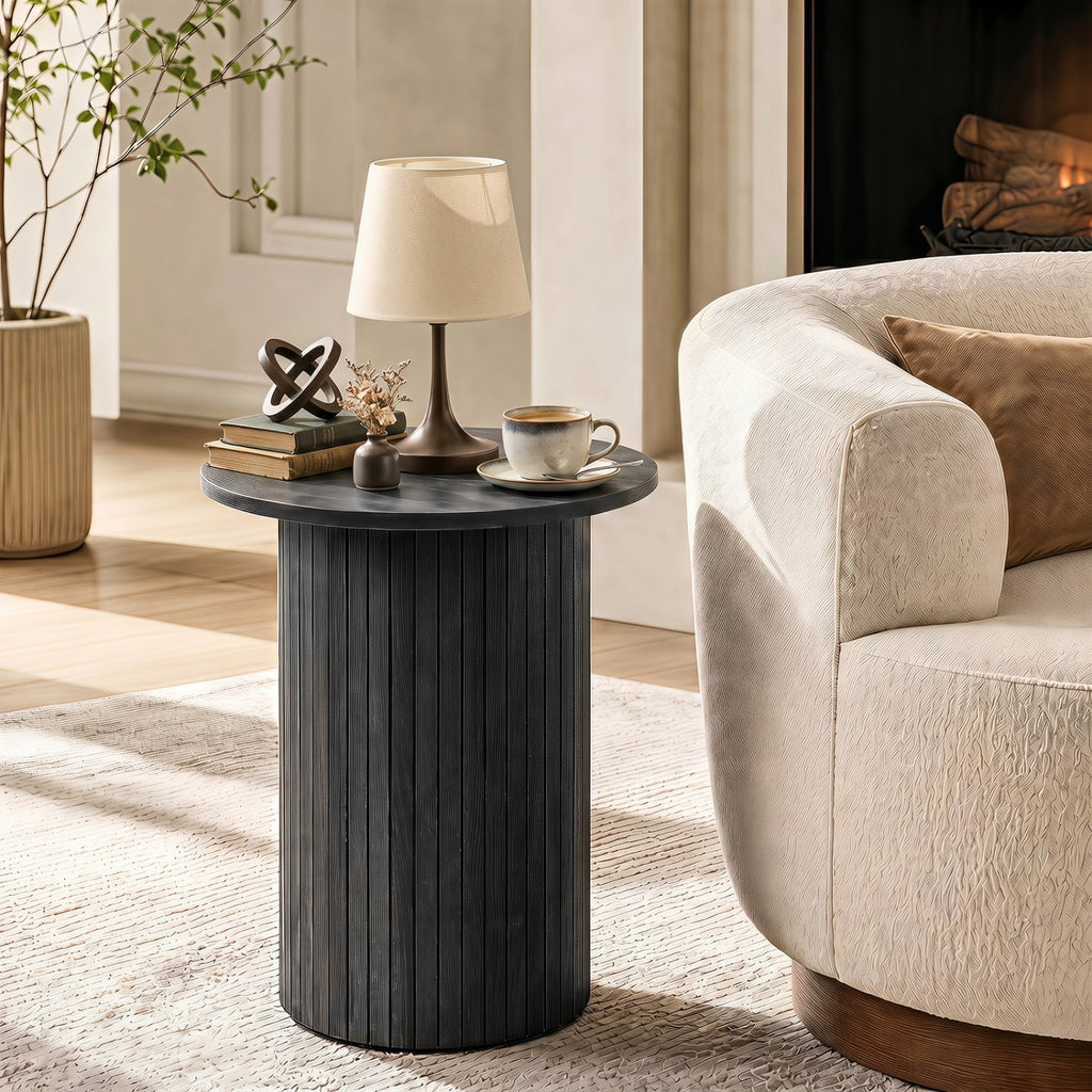 18 inches Round Fluted Side Table with Pedestal Drum Design and Non-Slip Foot Pads for Small Spaces-Black