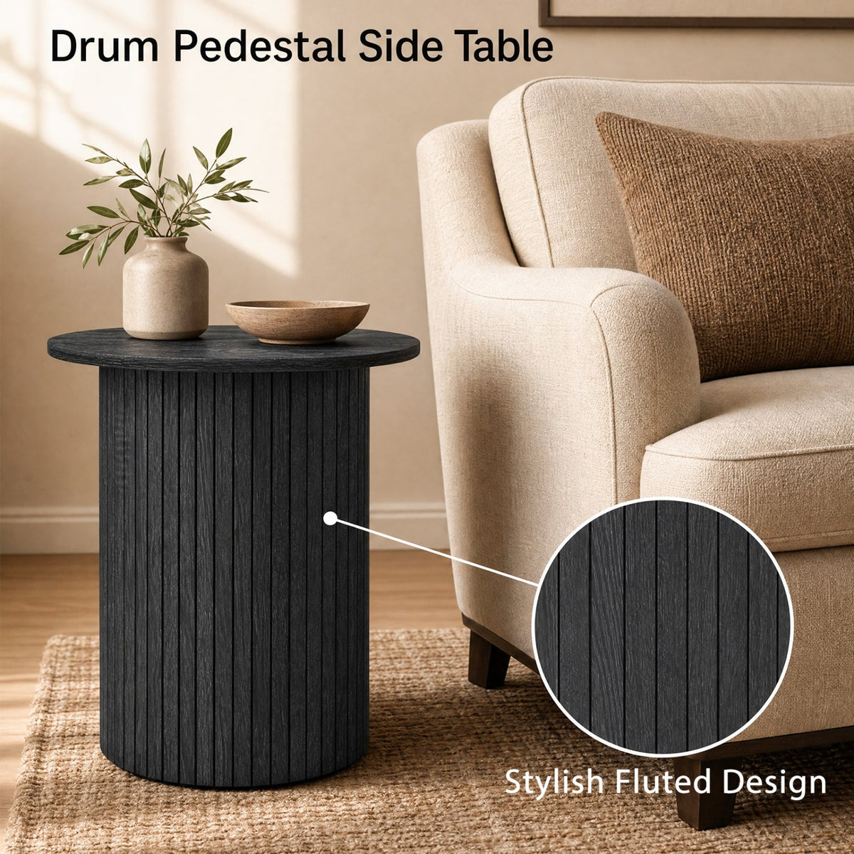 18 inches Round Fluted Side Table with Pedestal Drum Design and Non-Slip Foot Pads for Small Spaces-Black