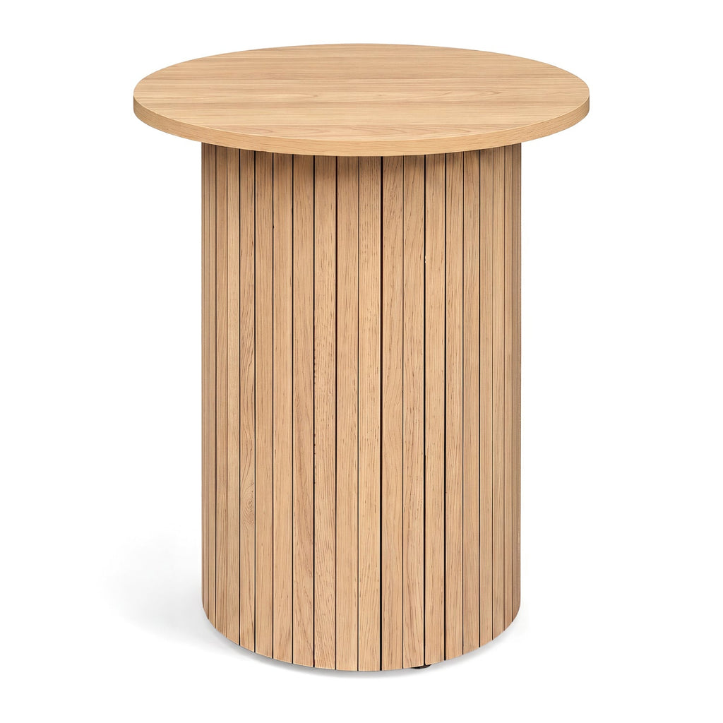 18 inches Round Fluted Side Table with Pedestal Drum Design and Non-Slip Foot Pads for Small Spaces-Natrual