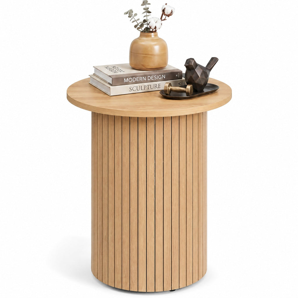 18 inches Round Fluted Side Table with Pedestal Drum Design and Non-Slip Foot Pads for Small Spaces-Natrual
