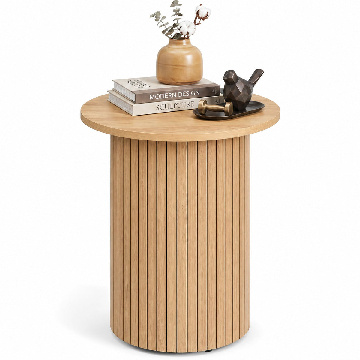 18 inches Round Fluted Side Table with Pedestal Drum Design and Non-Slip Foot Pads for Small Spaces-Natrual