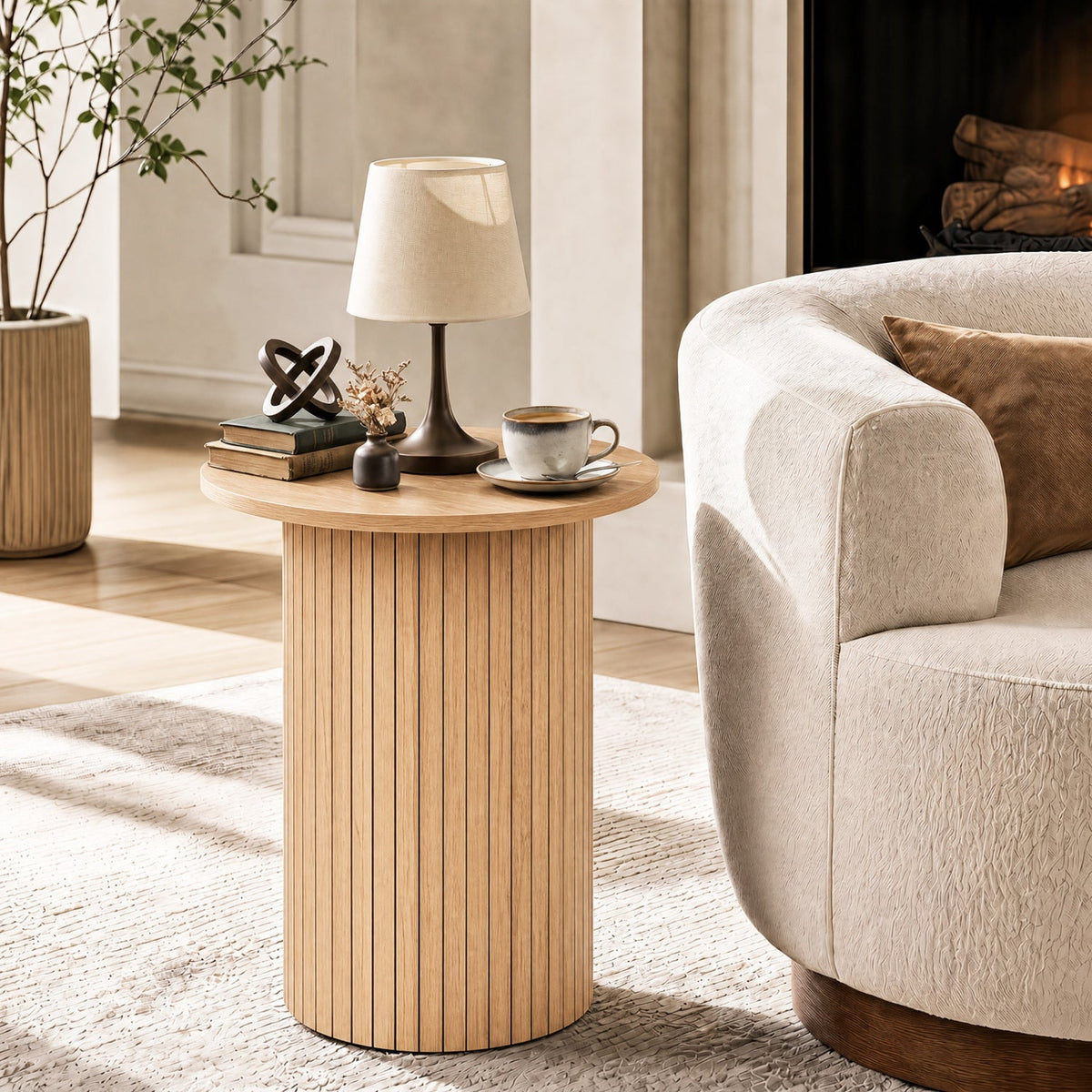 18 inches Round Fluted Side Table with Pedestal Drum Design and Non-Slip Foot Pads for Small Spaces-Natrual