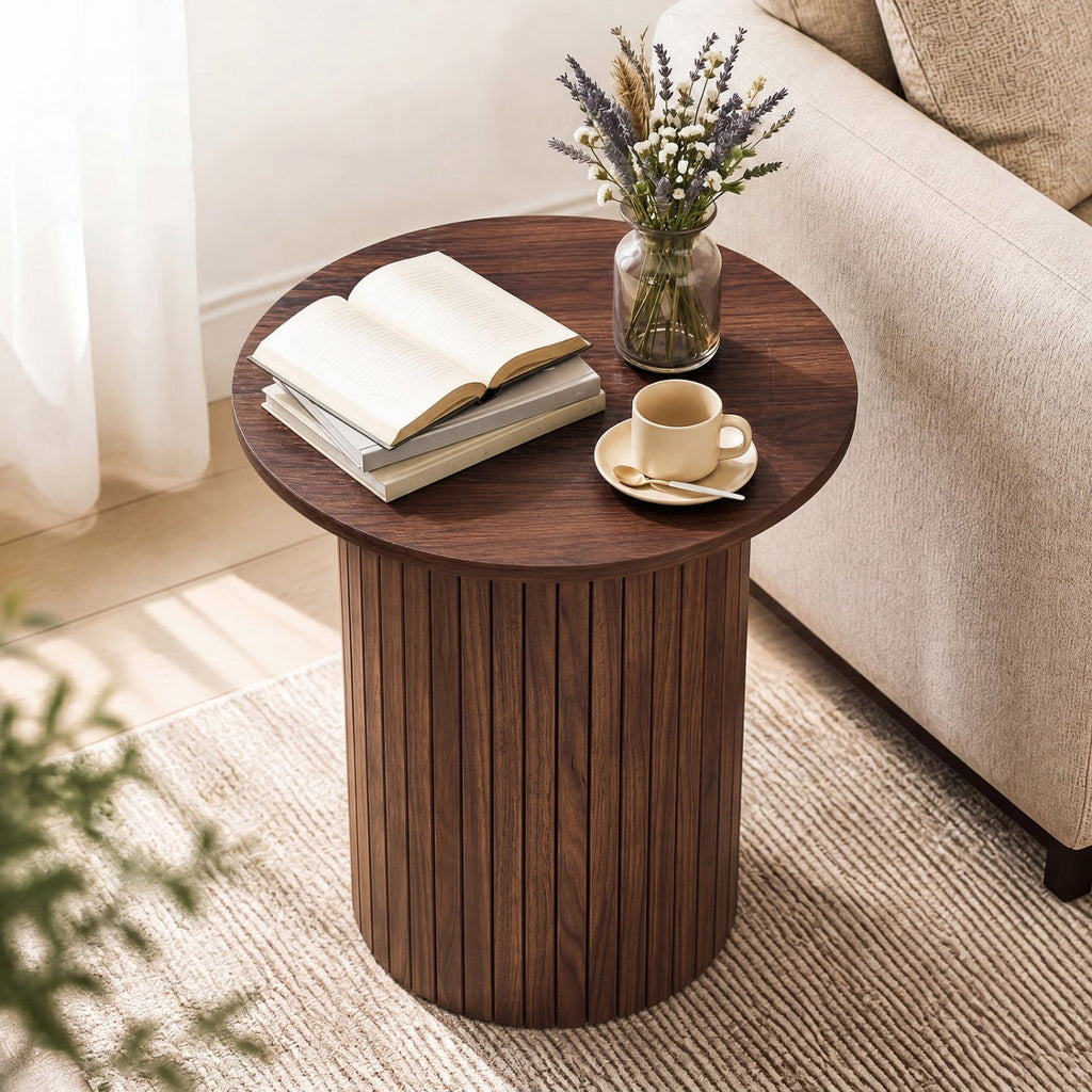 18 inches Round Fluted Side Table with Pedestal Drum Design and Non-Slip Foot Pads for Small Spaces-Walnut