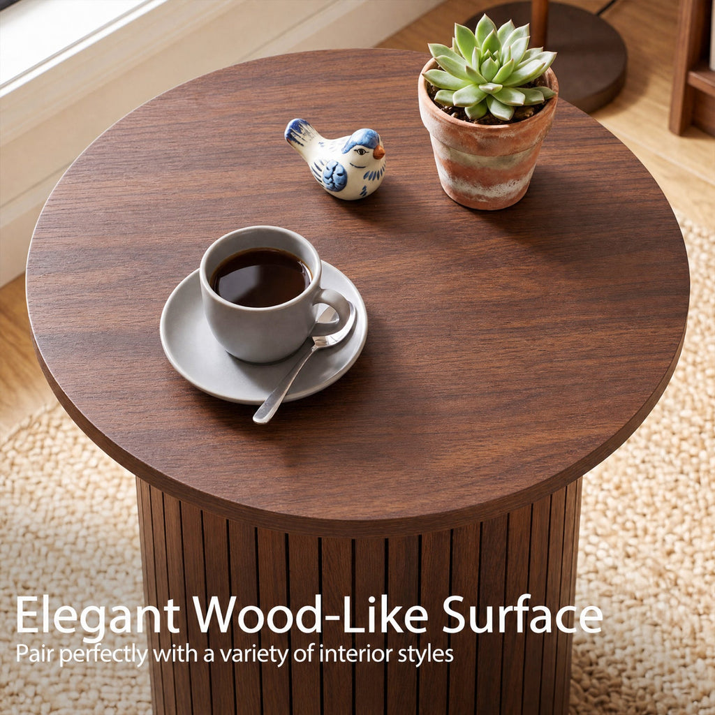 18 inches Round Fluted Side Table with Pedestal Drum Design and Non-Slip Foot Pads for Small Spaces-Walnut
